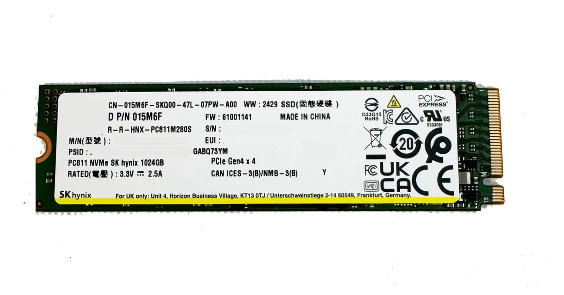 SK Hynix PC811 1TB NVMe M.2 PCIe Gen4x4 2280 SSD (7000-6500MB/s