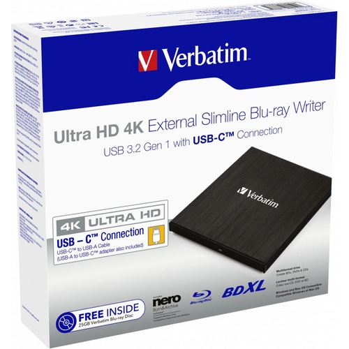Verbatim 43888 Slimline 4K Ultra HD, USB 3.1 GEN 1 USB-C, BDXL fekete külső Blu-ray író