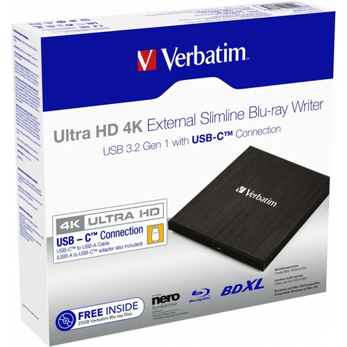 Verbatim Slimline Ultra HD 4K 43890 Külső USB 3.0 Blu-Ray író - Fekete