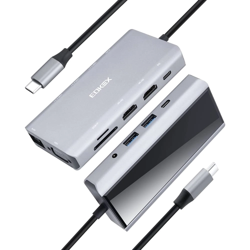  EOKEX USB-C 11 in 1 dokkoló USB-C Hub, Dual 4K HDMI, PD 2 USB-A 3.1, 1 USB-C 3.1, SD/Micro SD, Ethernet Gigabit, 1 VGA, 1 Audio 3.5mm - ezüst 100W  -MacBook Air, MacBook Pro, XPS, Windows