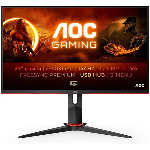 AOC Q27G2U/BK LED VA Gaming monitor, WQHD, DisplayPort, 144Hz, 1ms, FreeSync, Fekete